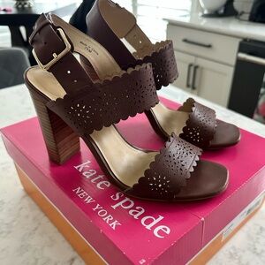 Kate Spade - Paula leather block heel sandals with laser details, size 7.5